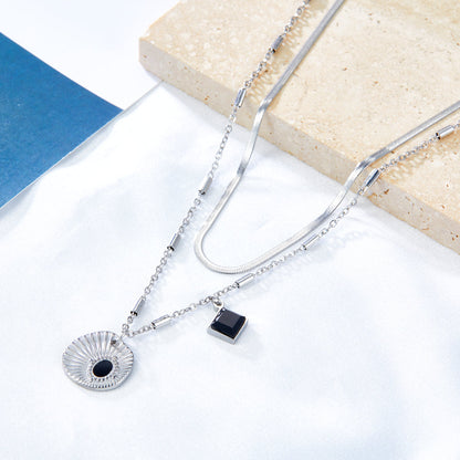 Shell With Black Drop Oil + Square Black Drop Oil Accessory+Chain Double Chain Necklace