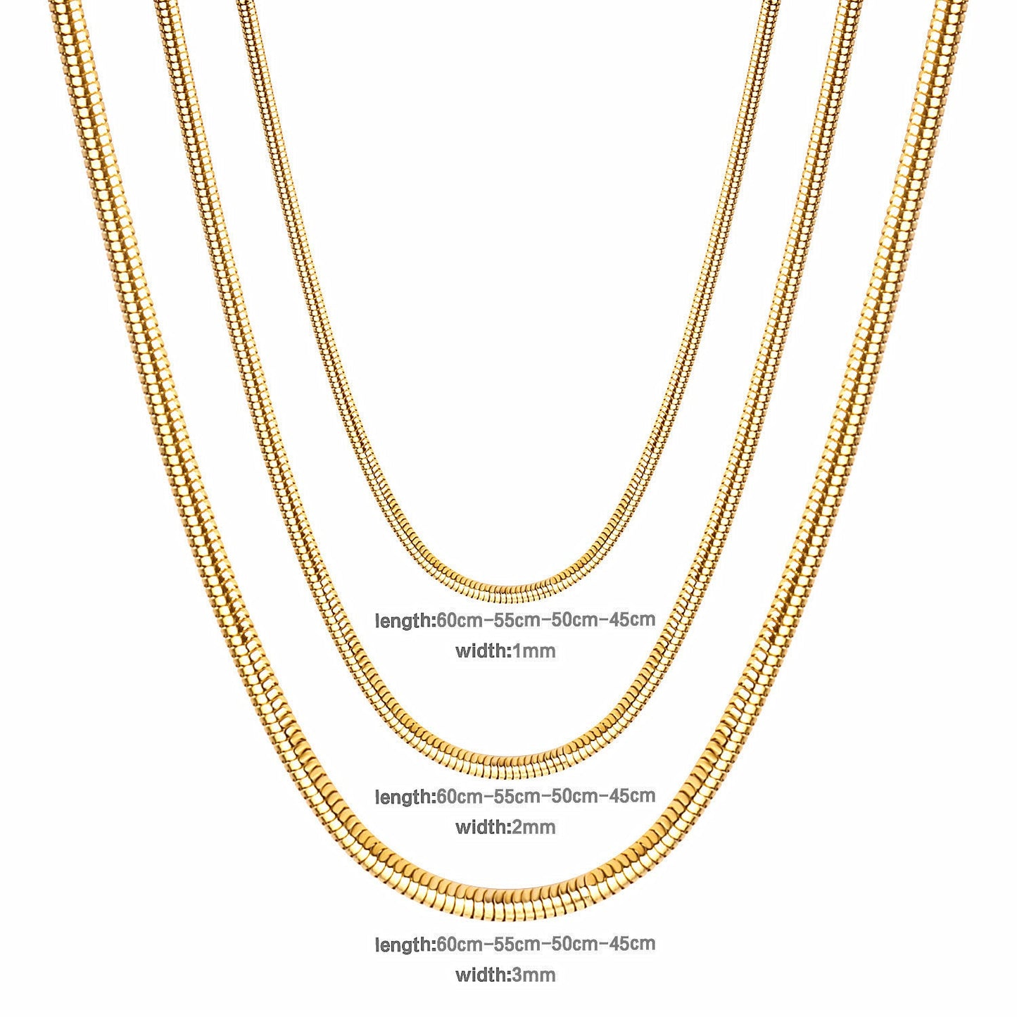 ASON 10pcs/bulk long necklace collar 2mm*45cm & 3mm*45cm round snake with chain steel color & gold color stainless steel necklace wholesale