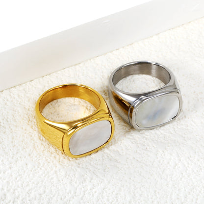 Cast Crafted Sticky White Oversized Shell Ring Square Gold Polished Stainless Steel Ring Wholesale