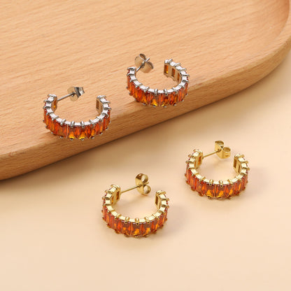 C-Shape with Two Grips Rectangle White/Purple/Green/Orange/Mixed/Pink Zirconium Earrings 6.8*21mm Steel Color/Golden Color