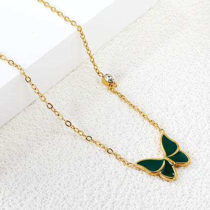 15.5*14mm butterfly with white/red/green/blue oil drop pendant + 3.5mm round white diamond necklace 43+5cm+6mm round tag Gold color