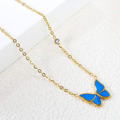 15.5*14mm butterfly with white/red/green/blue oil drop pendant + 3.5mm round white diamond necklace 43+5cm+6mm round tag Gold color