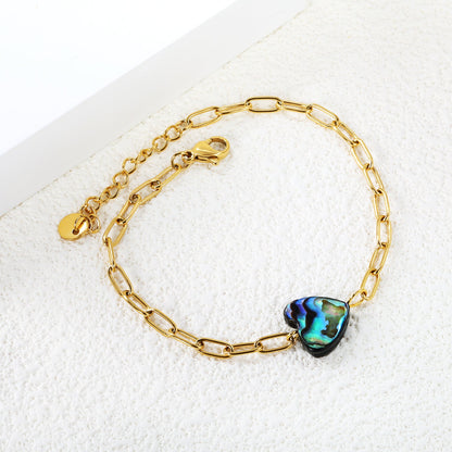 12.2*11.5mm Heart Shaped Abalone Shell Bracelet 0.8mm*17+3cm+6mm Round Plaque GOLDEN