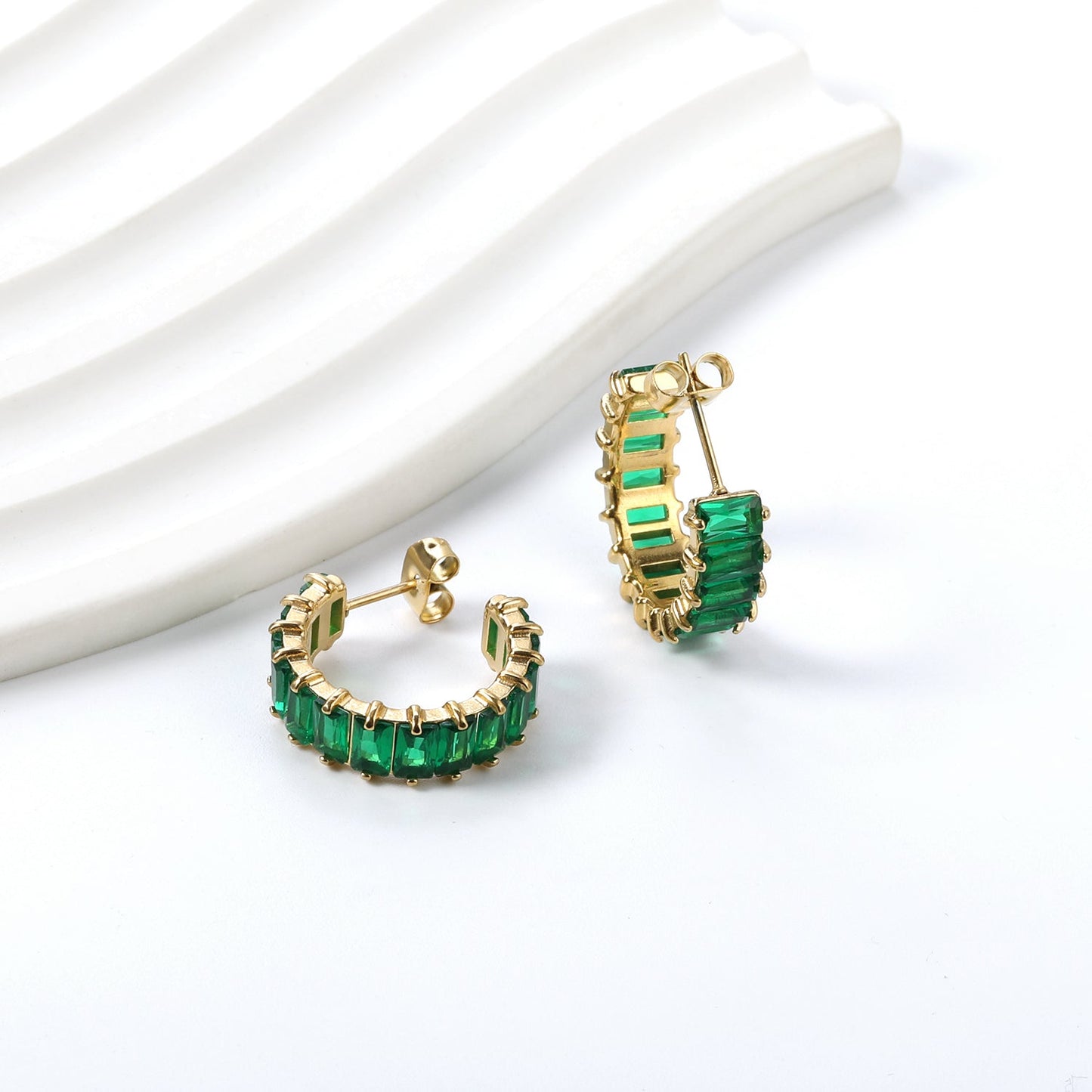 C-Shape with Two Catch Baguette White&Purple&Green&Mixed Diamond Stud Earrings 6.8*21mm