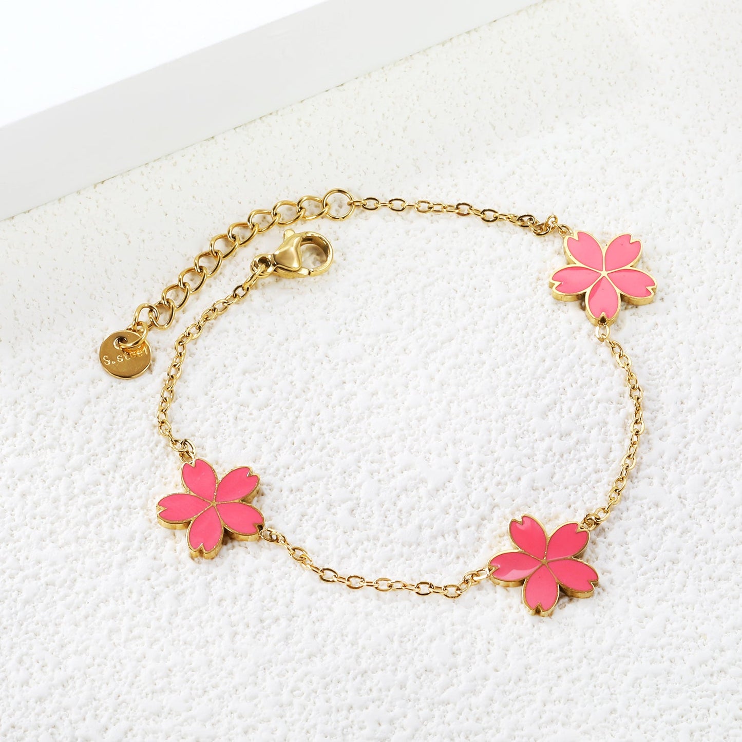 3 12mm cherry blossom with pink oil drop bracelet cross 0.4mm*17+3cm+6mm round plate Gold color