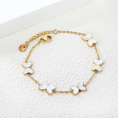 5pcs 11.2*8mm Butterfly with White Shell/Black Yak/Green Drip Oil Bracelet Cross Chain 0.4mm*17+3cm+6mm Round Plaque Gold Color