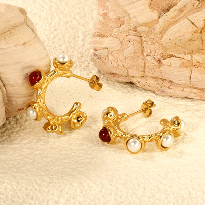 Half Round with 1pc 4mm Red Zircon + 4pcs 4mm White Pearls earring clips Thick2.4*High24.4mm Gold color