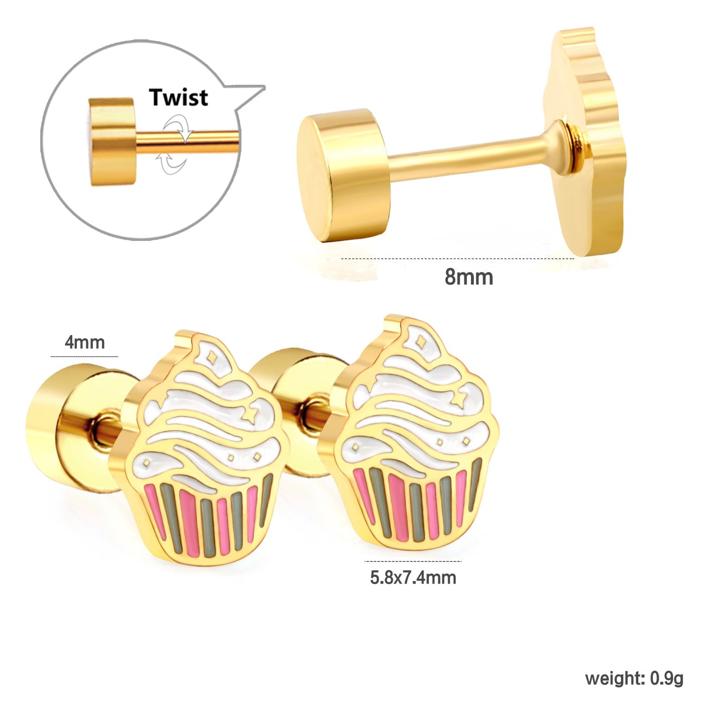 Wholesale  Screw plug 0.8*8mm pin cake cups with mixed color drop earrings 5.8*7.4mm gold color