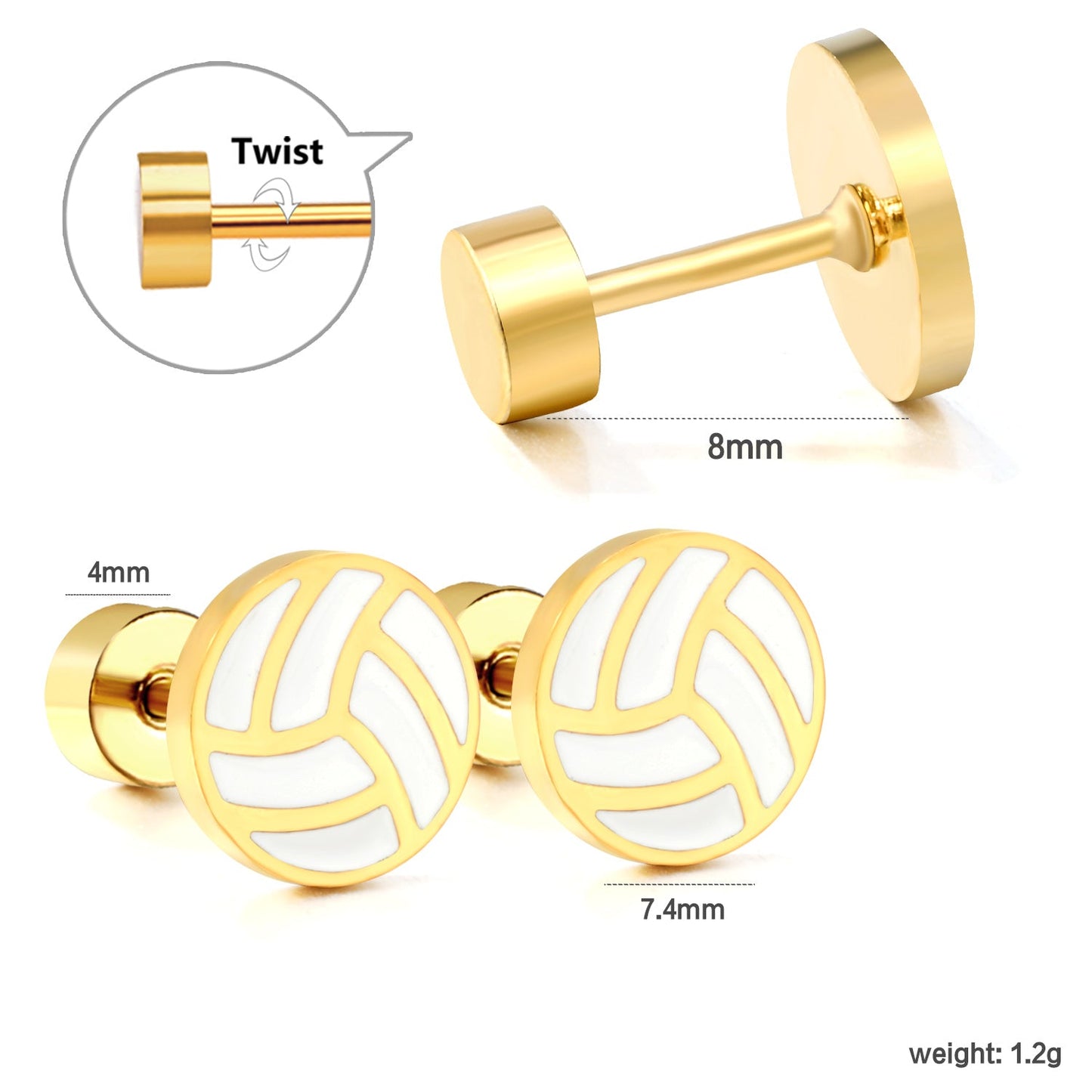 Screw plug 0.8*8mm pin volleyball with white drip earrings 7.4mm gold color