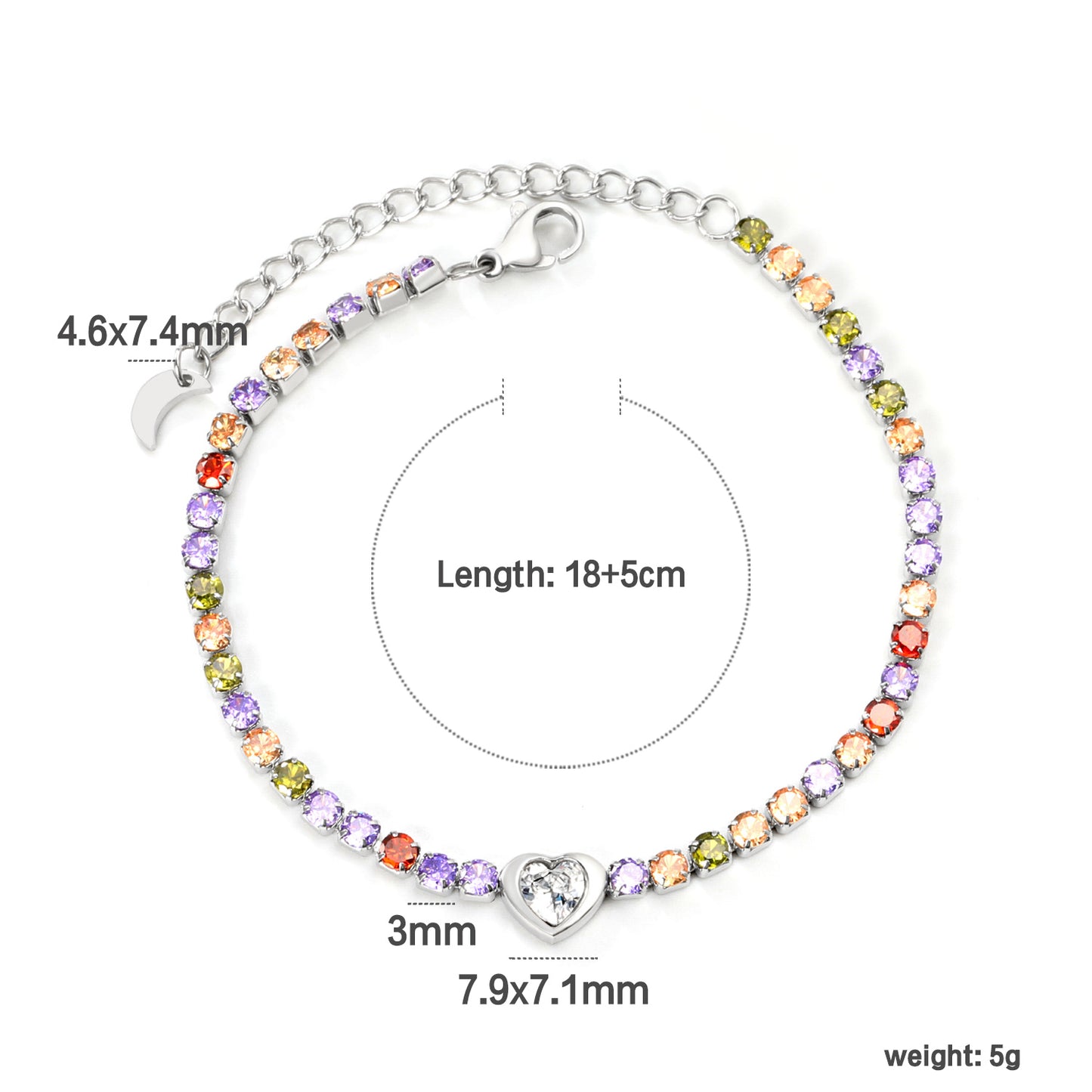 18+5cm Jewelry 7.9*7.1mm Love rainbow Zircon Bracelet Colored Zirconium Colored Treasure Bracelet