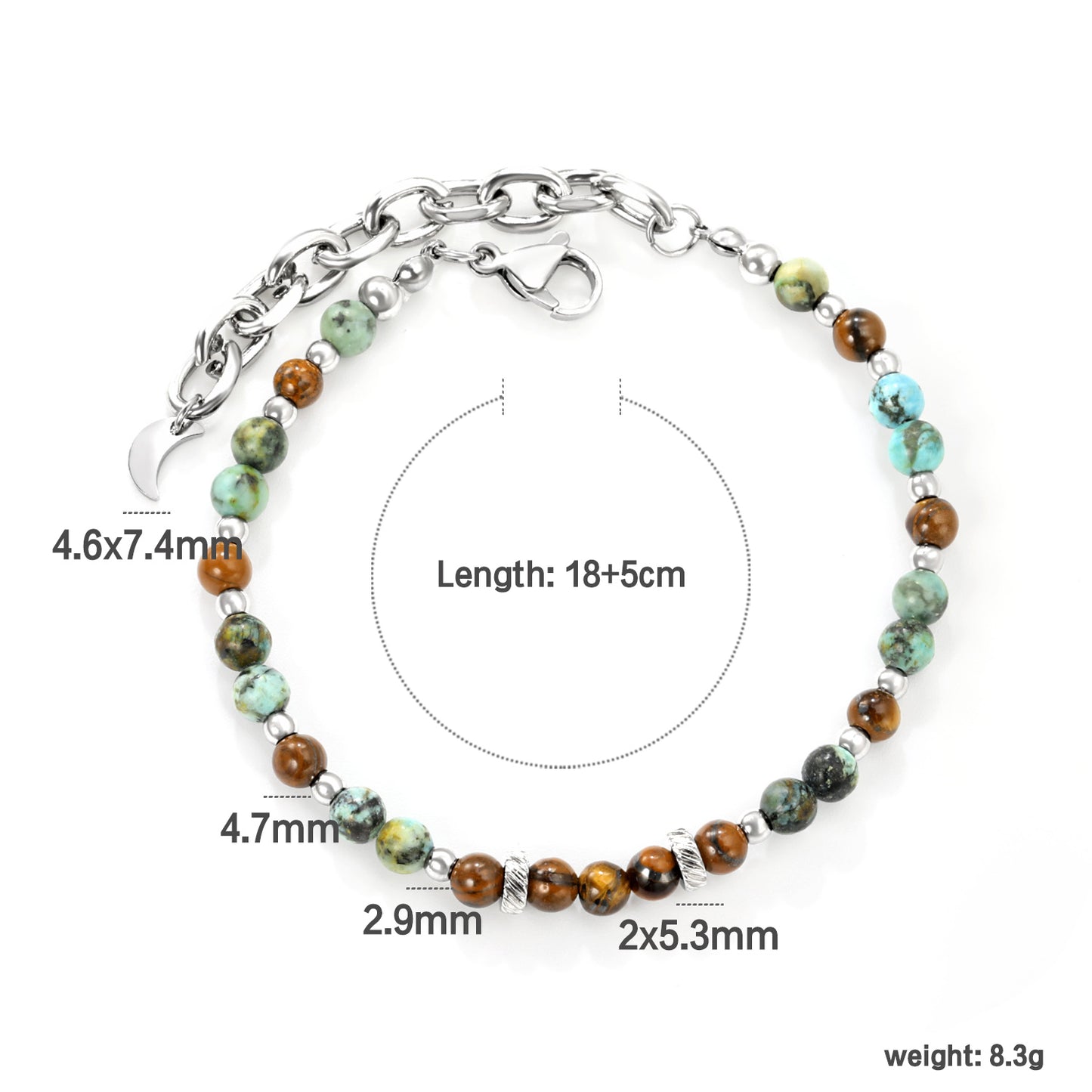 18+5cm Natural Stone Stainless Steel Bead Chain Bracelet Wholesale