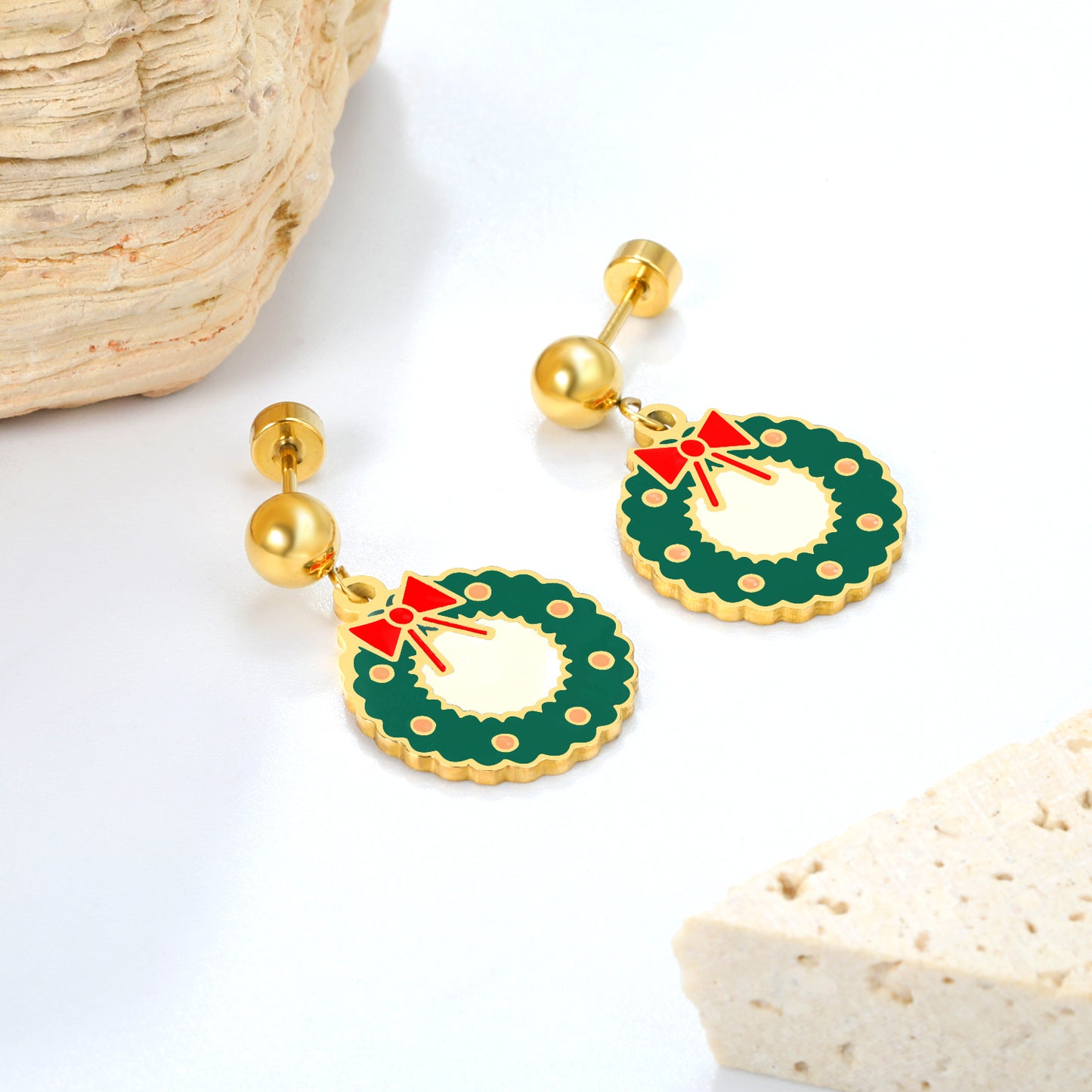 15.2*15.5mm  PVD 18K Gold Screw Earring Creative Christmas Tree Outfit Women Cute Earring