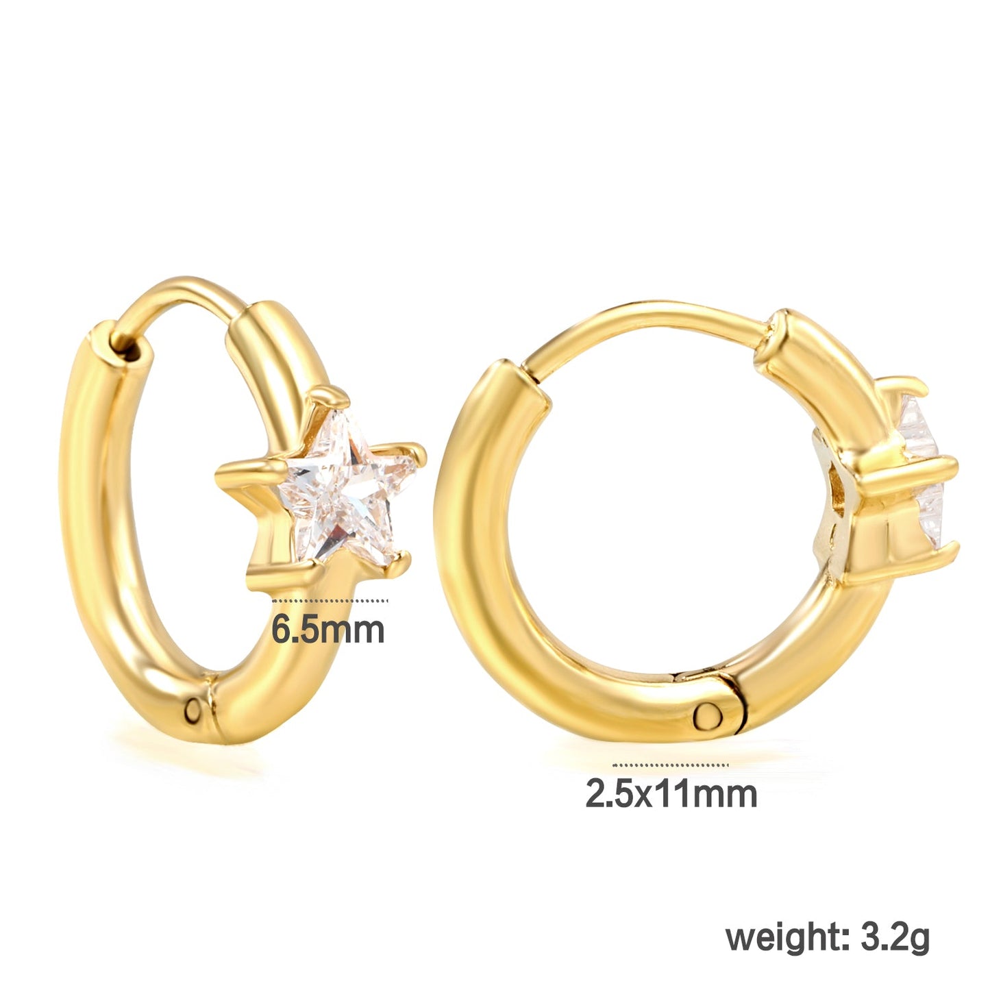6.5mm star-shaped three-pronged white zirconium ear clips 2.5*inner diameter 11mm steel color gold color