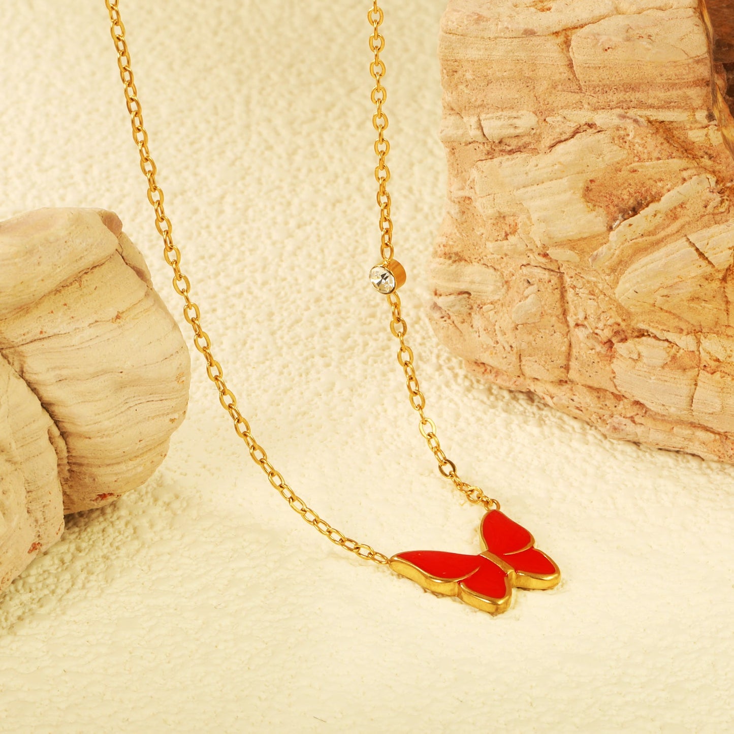 15.5*14mm butterfly with white/red/green/blue oil drop pendant + 3.5mm round white diamond necklace 43+5cm+6mm round tag Gold color