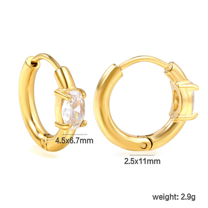 4.5*6.7mm Oval Four Claw White Zirconia Ear Clips 2.5*I.D. 11mm Steel Gold