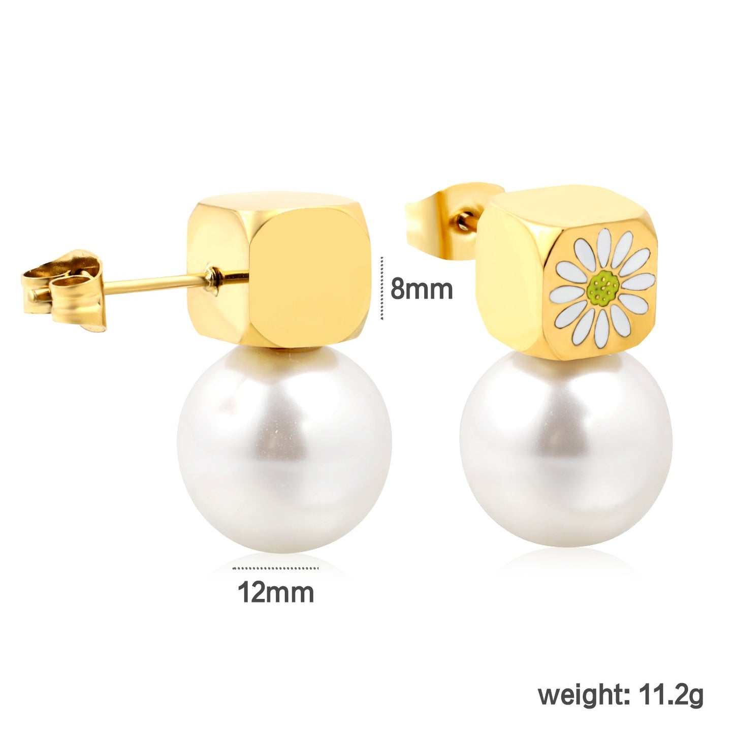8mm square with white oil drop daisy + 12mm pearl stud earrings gold color