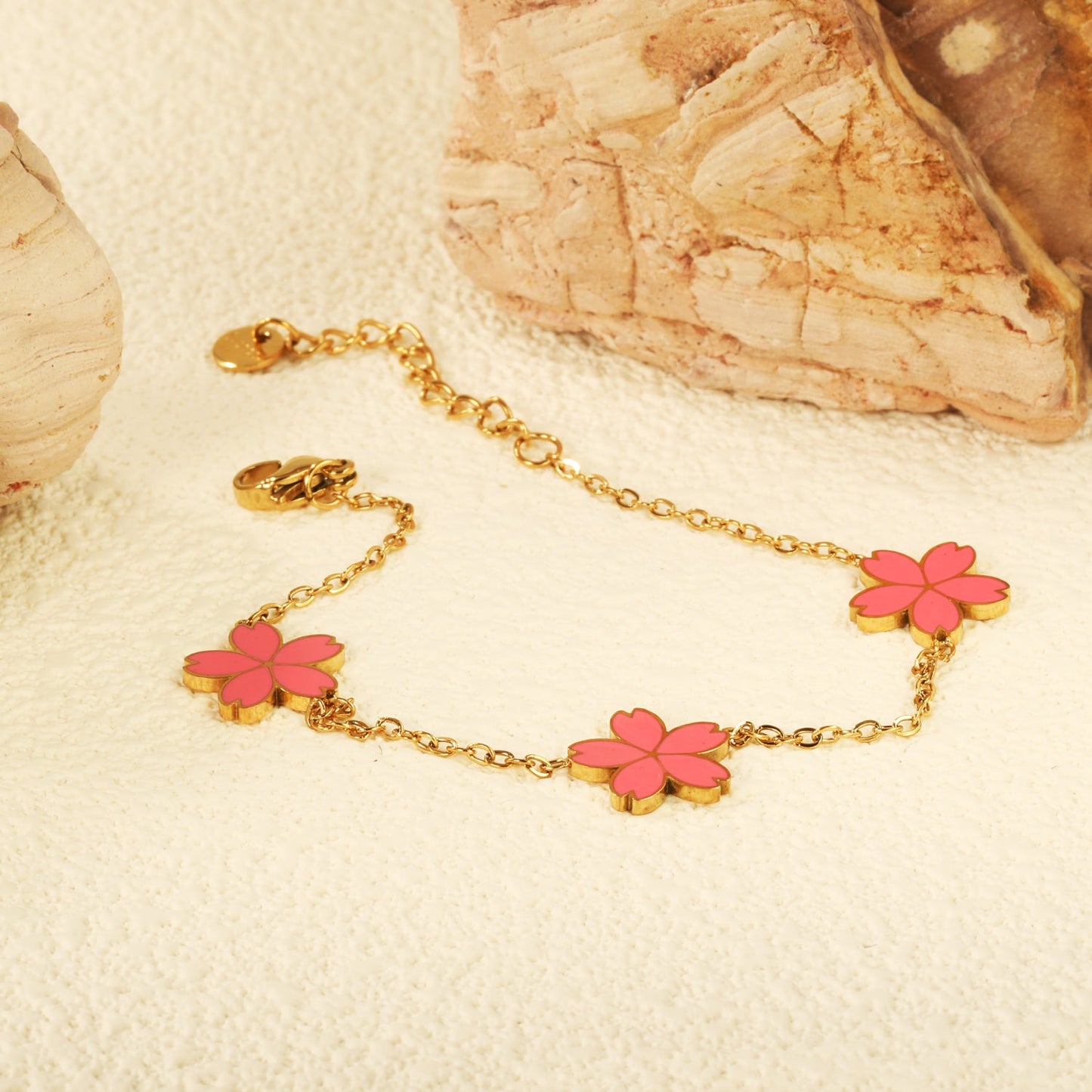 3 12mm cherry blossom with pink oil drop bracelet cross 0.4mm*17+3cm+6mm round plate Gold color