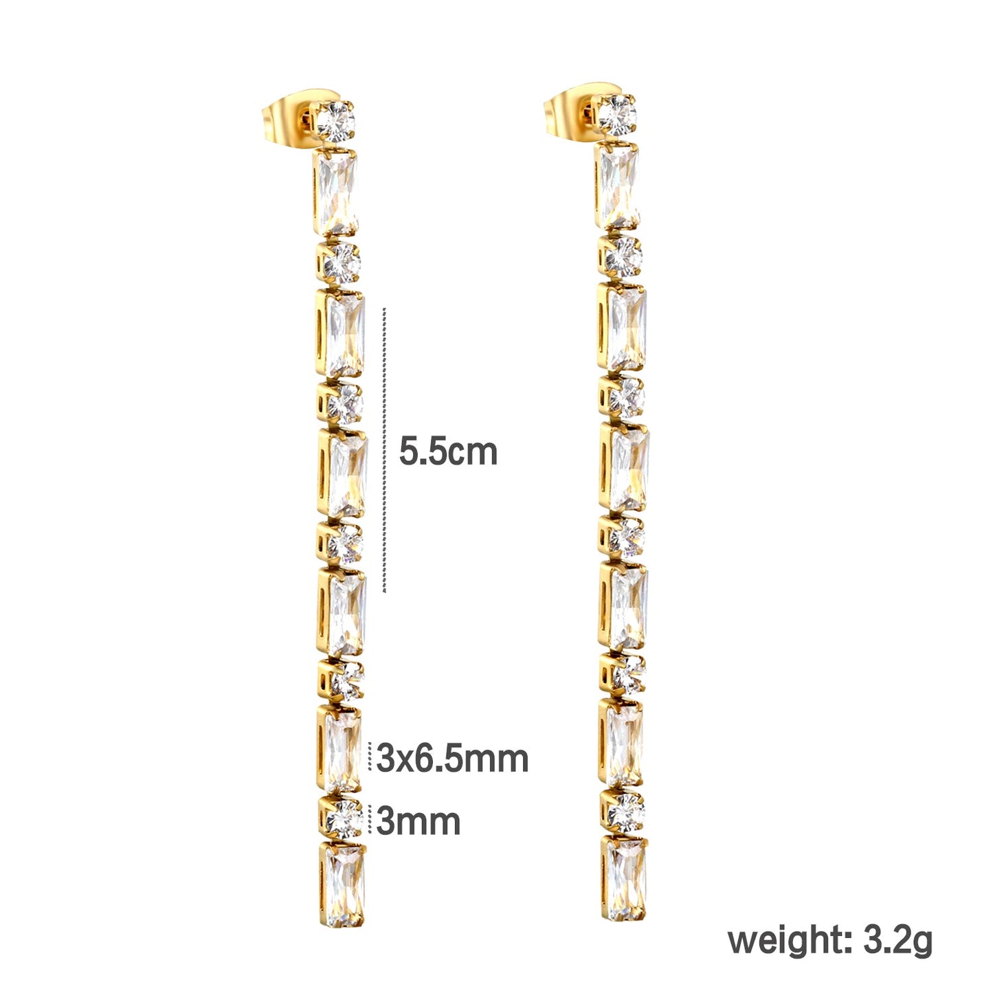 Earrings 5.83 rectangle + 3mm round white diamonds 5.5cm gold/steel color