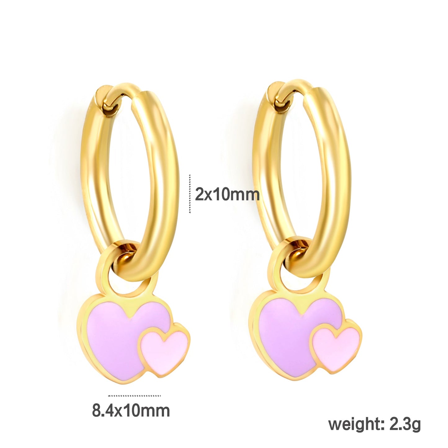 2*10mm circle + 8.4*10mm big heart with pink and purple drop earrings gold color