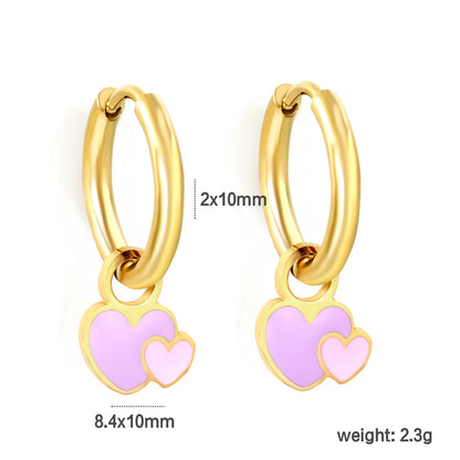 2*10mm circle + 8.4*10mm big heart with pink and purple drop earrings gold color