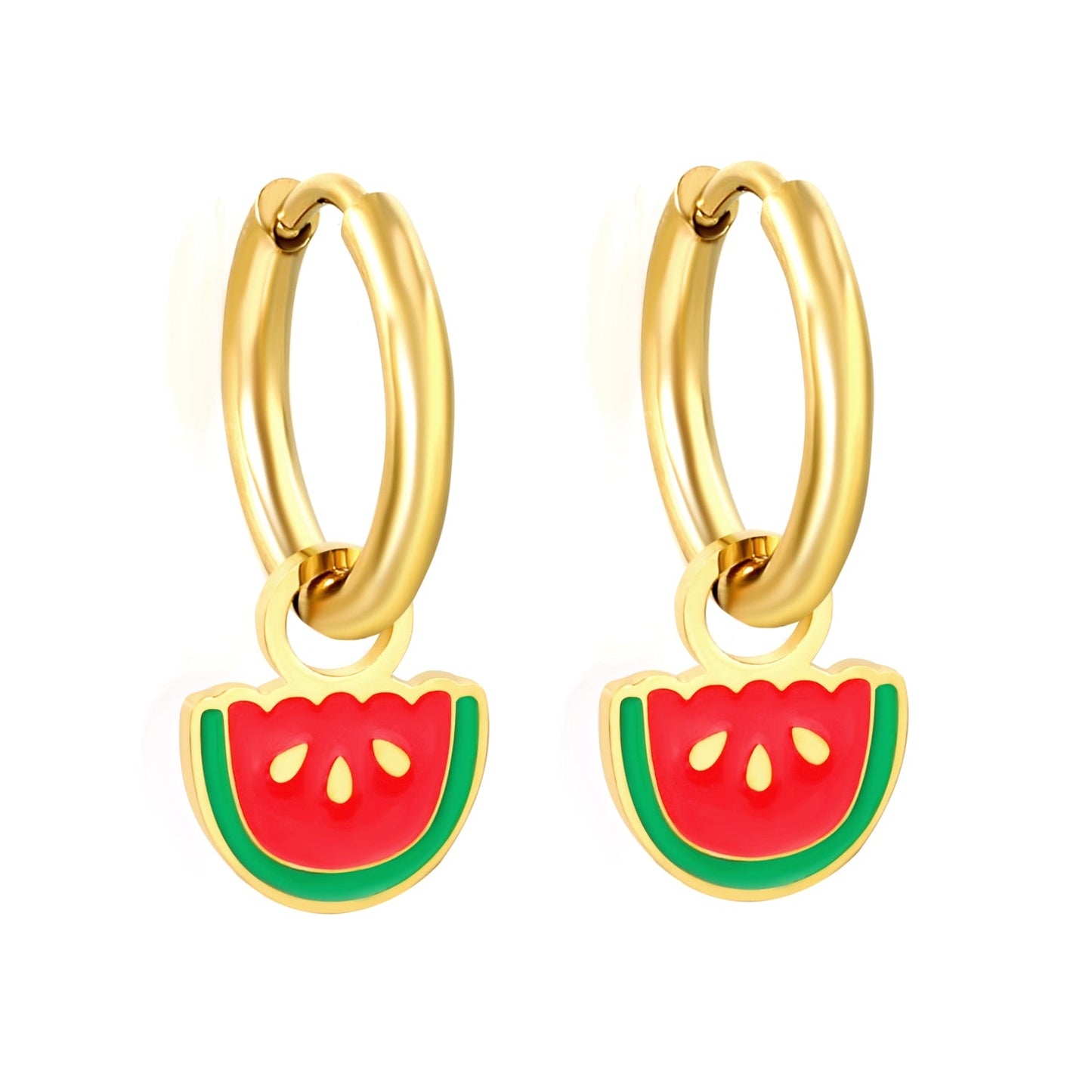 2*10mm circle + 9*10.6mm watermelon with red drop earrings gold color