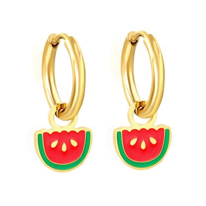 2*10mm circle + 9*10.6mm watermelon with red drop earrings gold color
