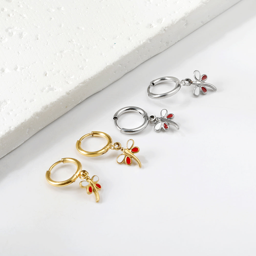 1.6x11mm circle with dragonfly white + red oil drop earrings