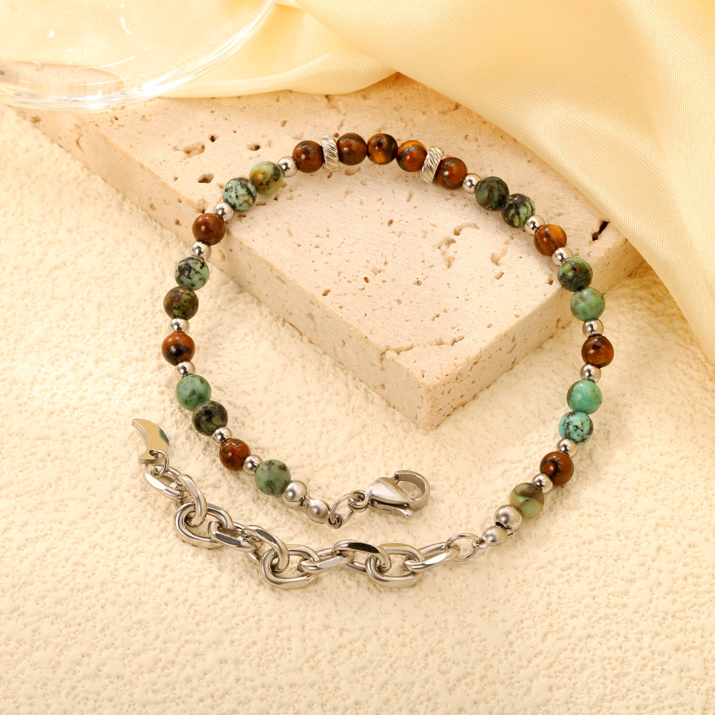18+5cm Natural Stone Stainless Steel Bead Chain Bracelet Wholesale