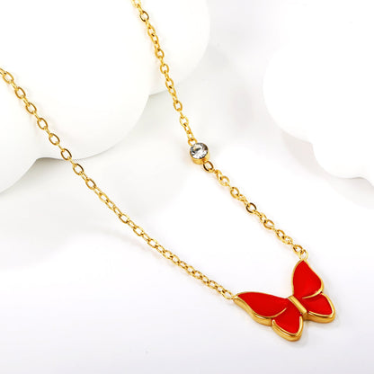 15.5*14mm butterfly with white/red/green/blue oil drop pendant + 3.5mm round white diamond necklace 43+5cm+6mm round tag Gold color