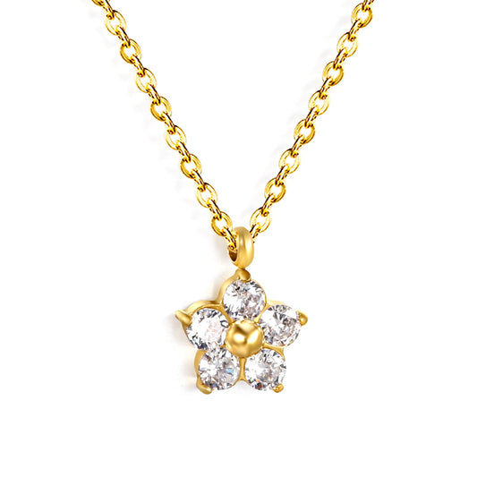 9.3mm five petal flower with round white/purple/pink zirconium pendant necklace 0.35 cross chain 45+5cm+6mm round plate