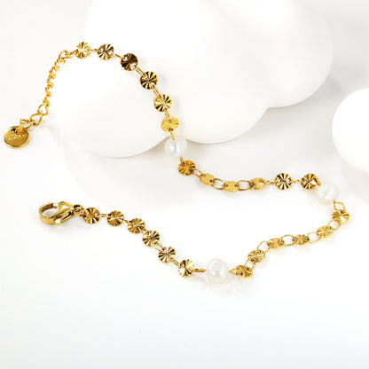 3pcs 5.8*4.6mm freshwater pearls+embossed round cake chain bracelet 17+3cm gold color