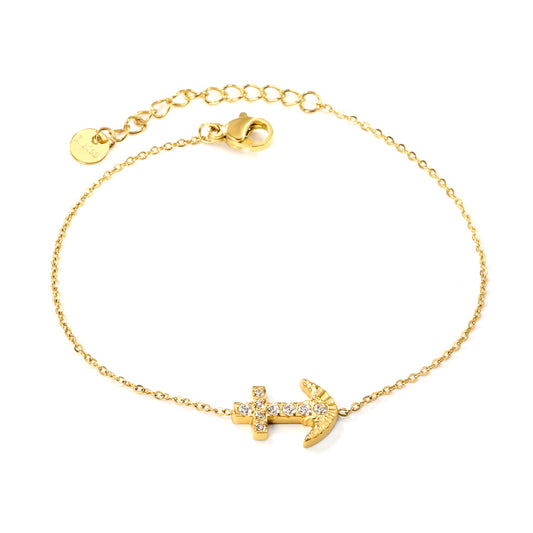 11*15.4mm Anchor CNC White Zirconium Accessories Bracelet 17+3cm+6mm Round End Plaque Gold Color