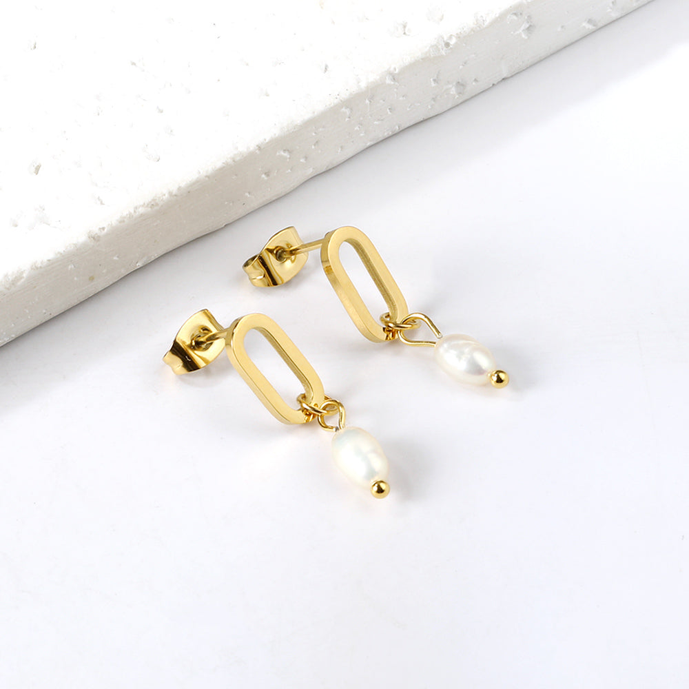 Long Oval Hoop with Oval White Pearl Stud Earrings