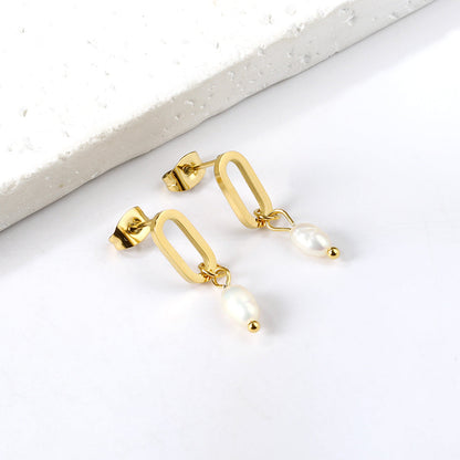 Long Oval Hoop with Oval White Pearl Stud Earrings
