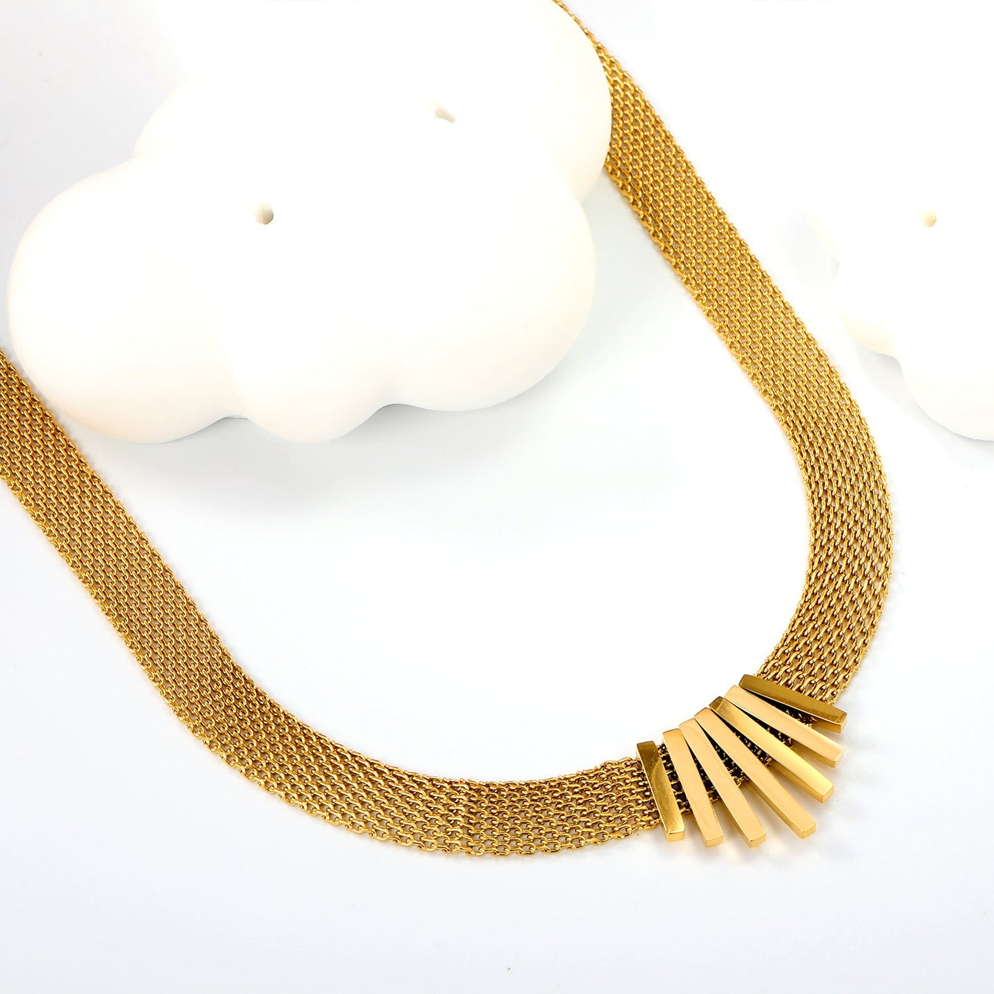 22*18mm black oil drop/golden long and short vertical bar accessories 8mm mesh chain necklace 40+5cm+6mm round plaque gold color