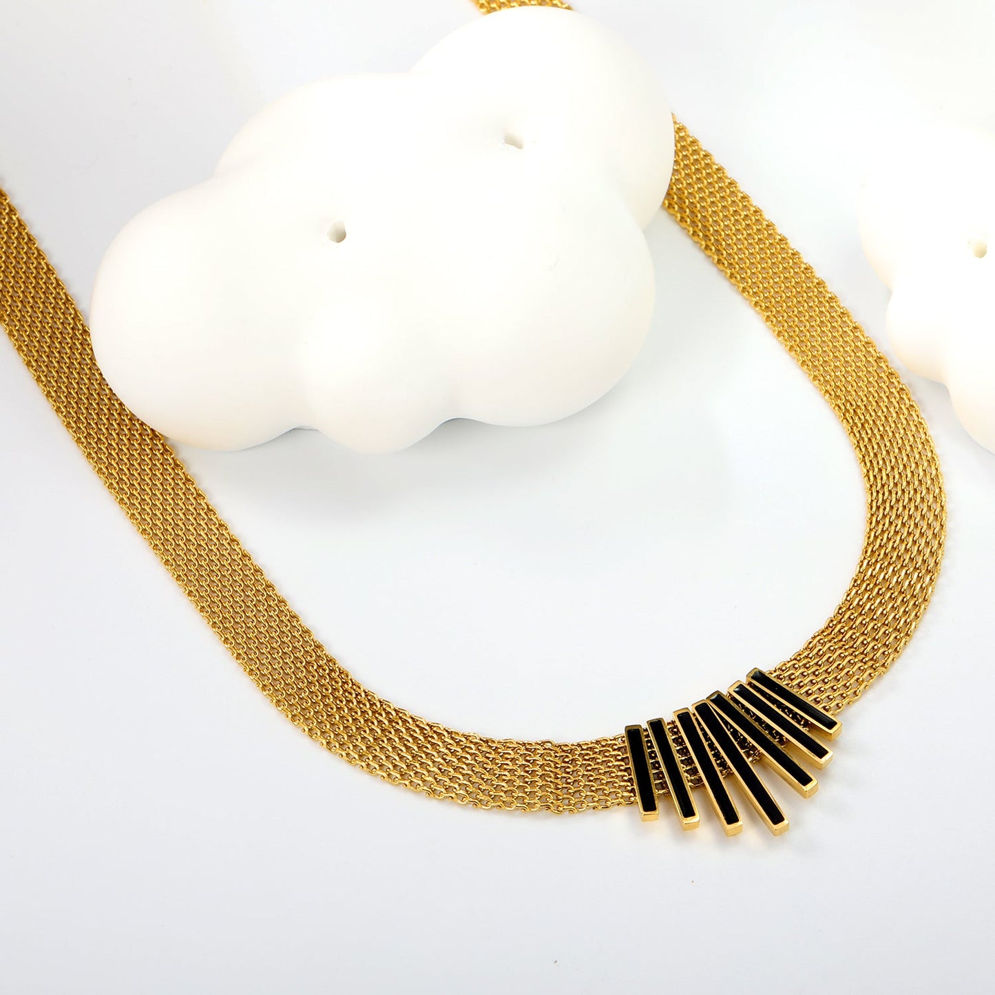 22*18mm black oil drop/golden long and short vertical bar accessories 8mm mesh chain necklace 40+5cm+6mm round plaque gold color