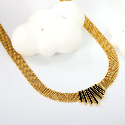 22*18mm black oil drop/golden long and short vertical bar accessories 8mm mesh chain necklace 40+5cm+6mm round plaque gold color