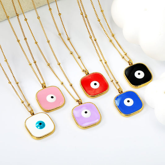 Welded 4mm circle + 16.5mm square green/white eyeball white/black/purple/red/blue/pink base oil drop pendant necklace 40+5cm+6mm round plate Gold color
