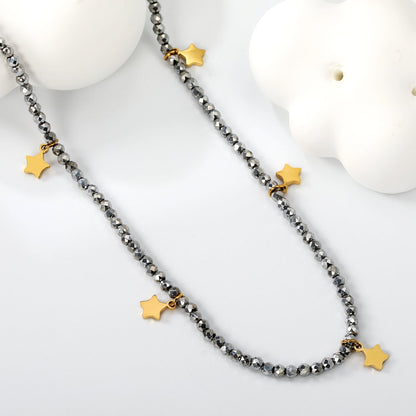 4.3*6mm pentagram accessories +2mm white/mineral black beads necklace 40+5cm+6mm round plate Gold color
