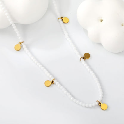 4*5.7mm round accessories +2mm white/mineral black beads necklace 40+5cm+6mm round plate Gold color