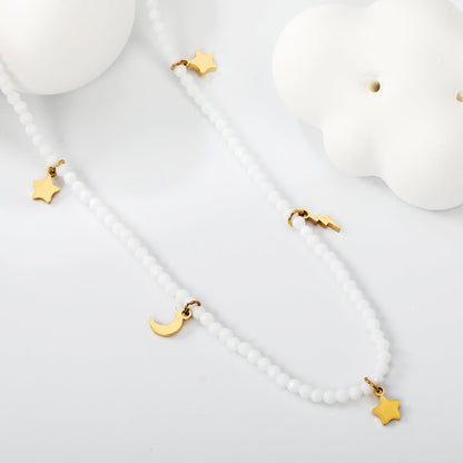 2*6.8mm Lightning + 4*6.5mm Moon + 4.3*6mm Pentagram Accessories + 2mm White/Mineral Black Beads Necklace 40+5cm+6mm Round Plaque Gold Color
