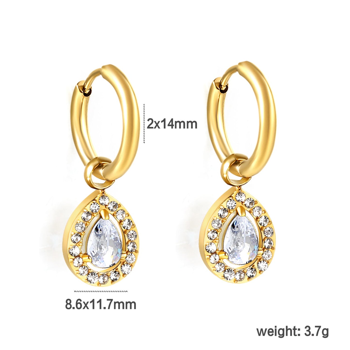 Wire 2*O.D. 14mm earrings + 8.6*10.8mm drop-shaped white zirconia/emerald green glass + CNC drilling white zirconium hoop fittings Gold color