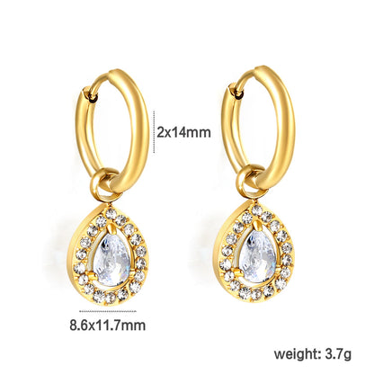 Wire 2*O.D. 14mm earrings + 8.6*10.8mm drop-shaped white zirconia/emerald green glass + CNC drilling white zirconium hoop fittings Gold color