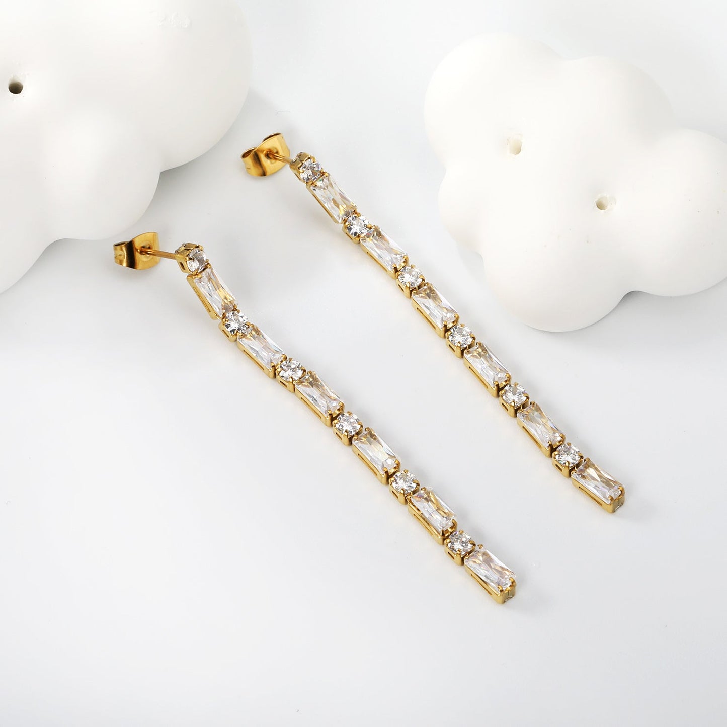 Earrings 5.83 rectangle + 3mm round white diamonds 5.5cm gold/steel color