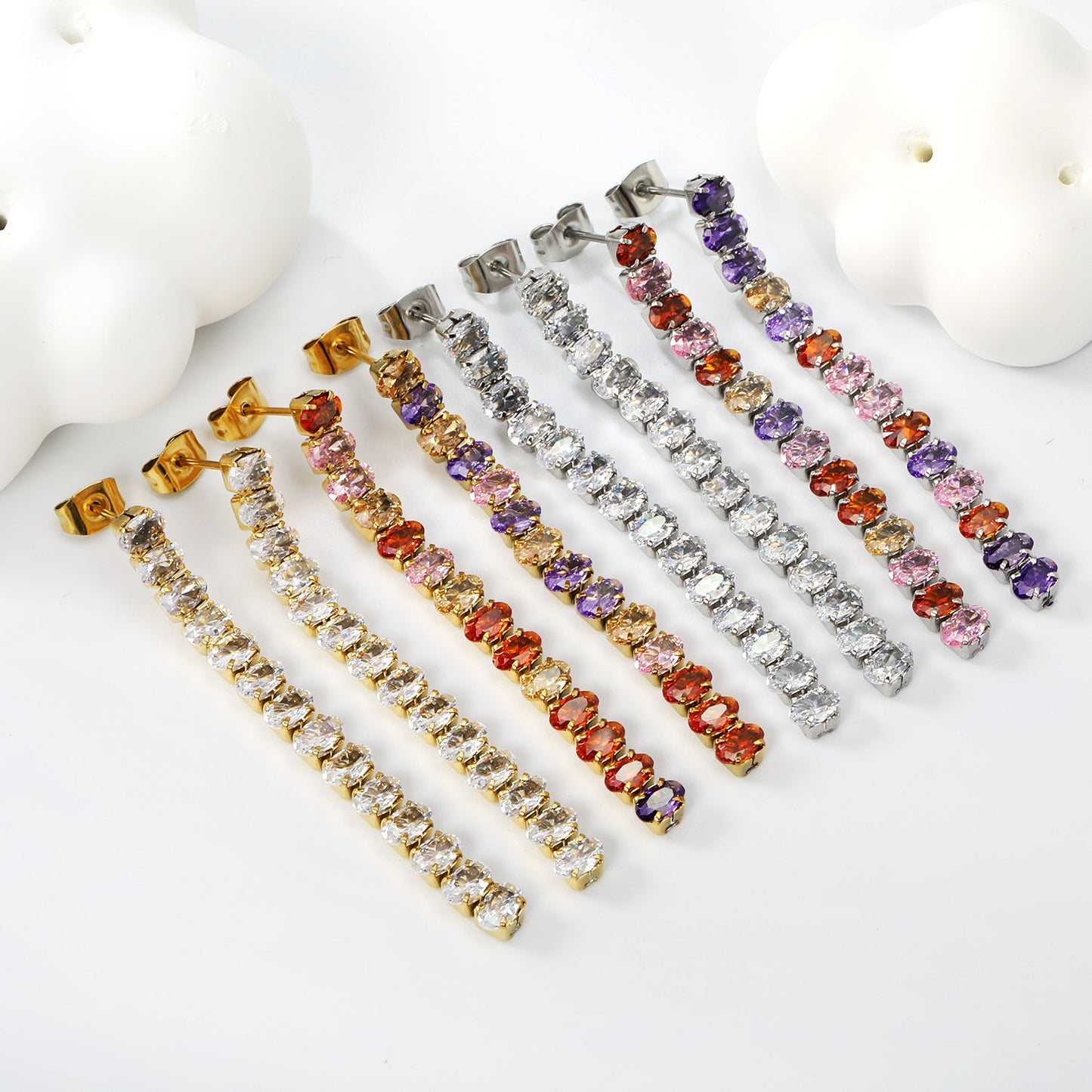 Earrings oval white diamonds Length 5.5cm Gold/Steel