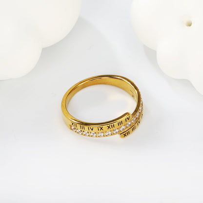 CNC white zirconia + Roman numerals single ring gold color