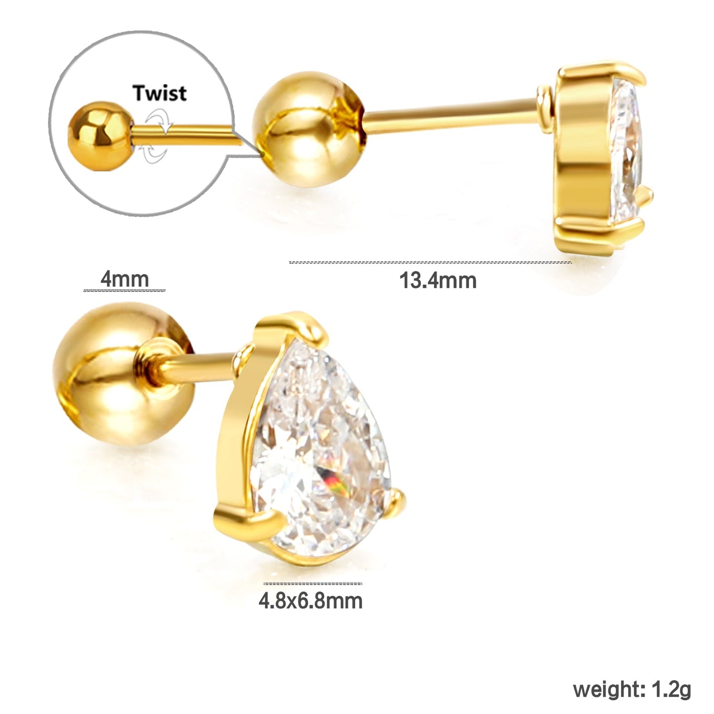 Steel ball screw-in drop earrings with white diamonds 4.8*6.8mm