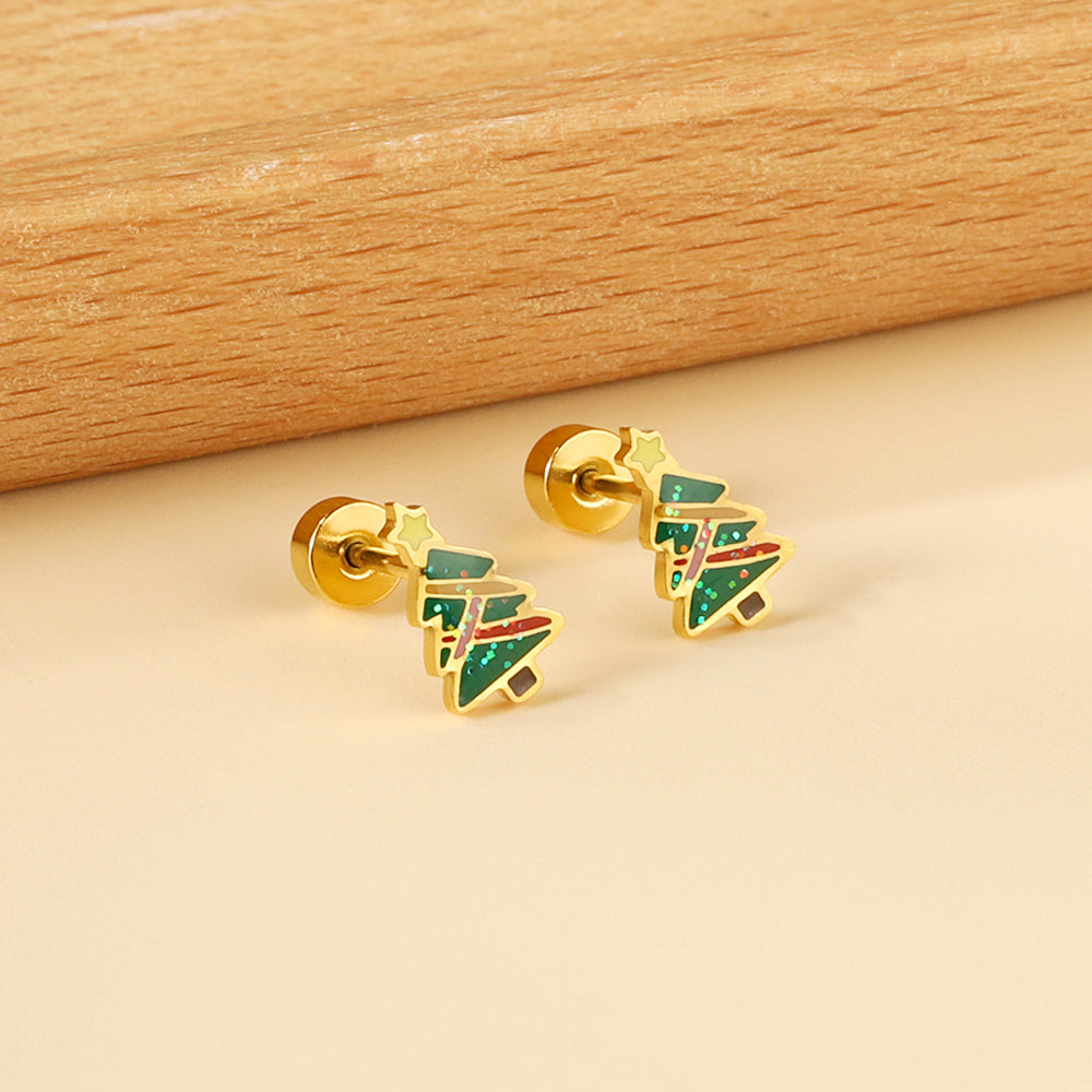 Screw-plug Christmas tree mixed color stud earrings