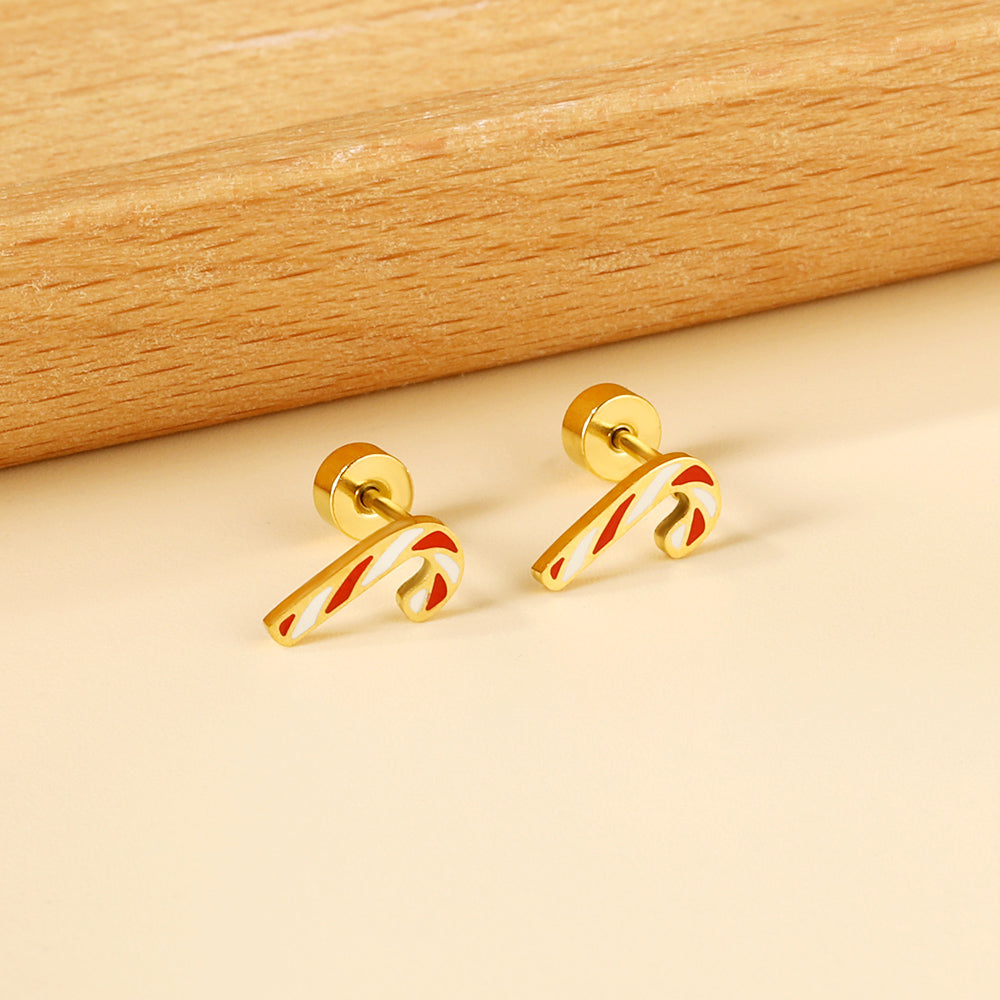 Screw Plug Christmas Cane Mixed Color Stud Earrings