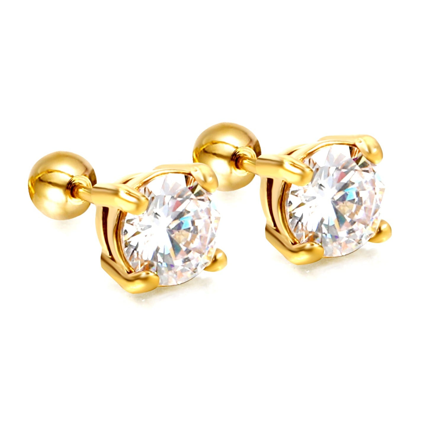 Steel Bead Screwback Round Earrings with White Diamonds 6.9mm